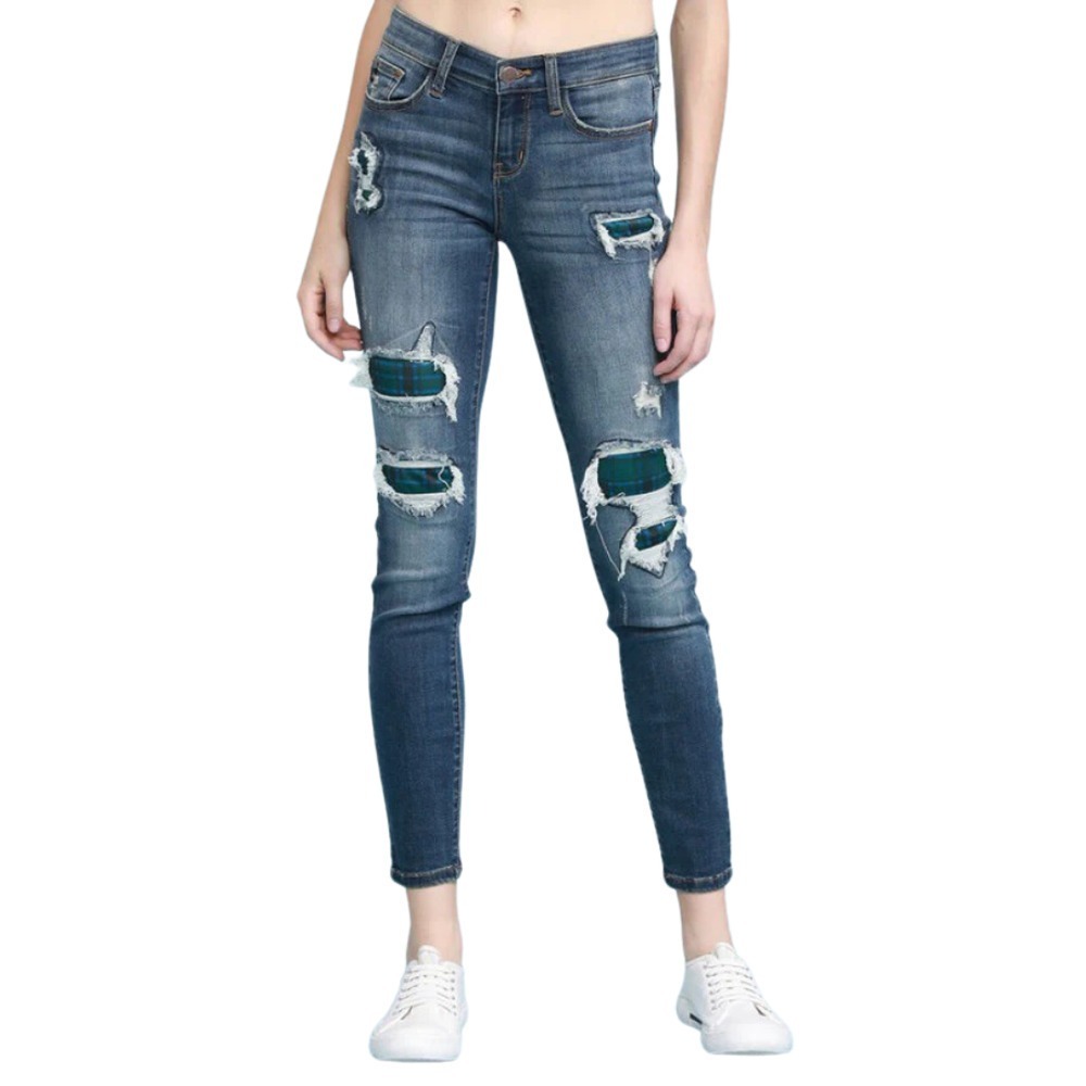 Judy Blue Jeans Womens 22W Skinny Fit Plaid Lined Distressed Denim Grungeβ Punk